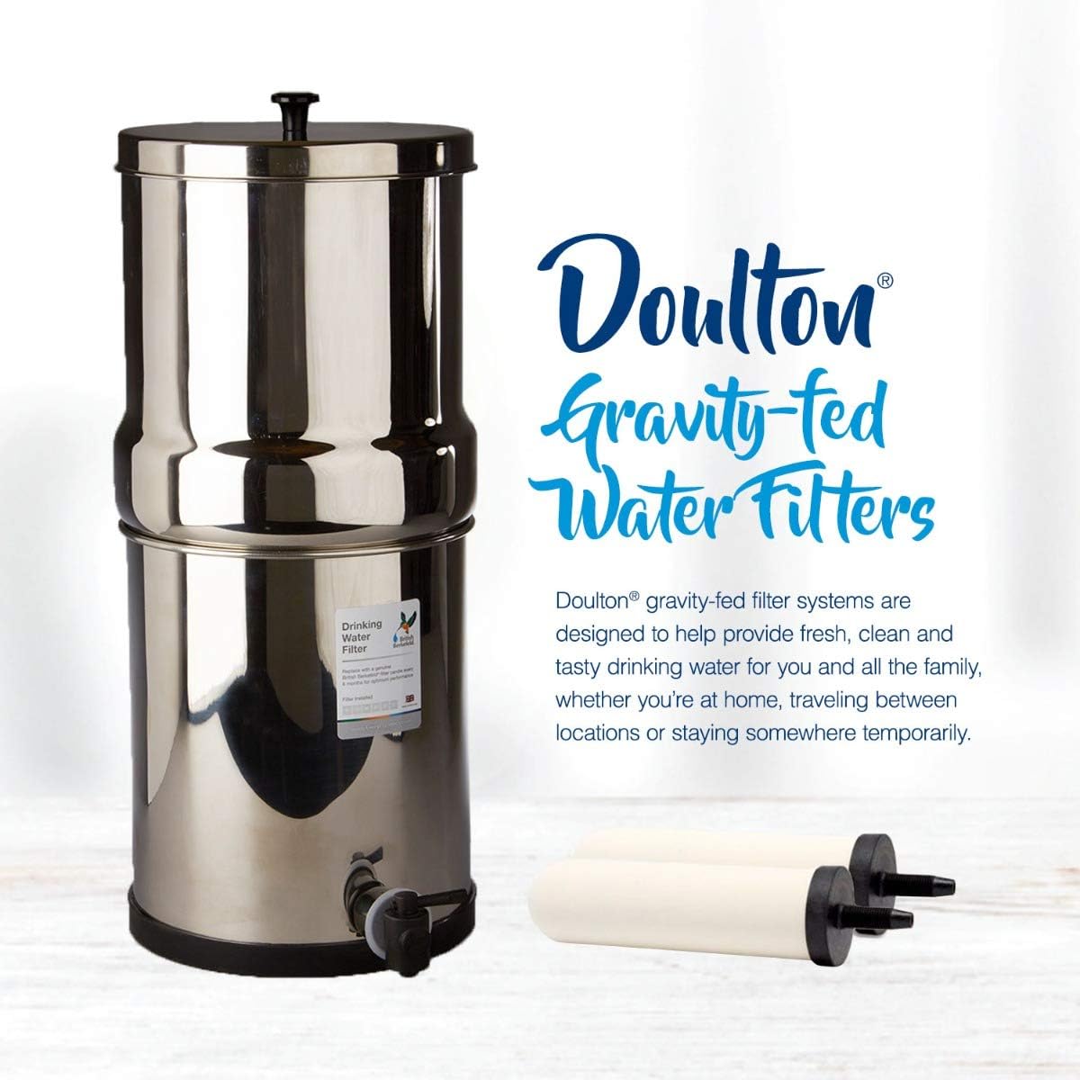 British Berkefeld 2.24 Gallon Gravity-Fed Water Filter System- Stainless Steel with 2x ATC Super Sterasyl Candle Filters