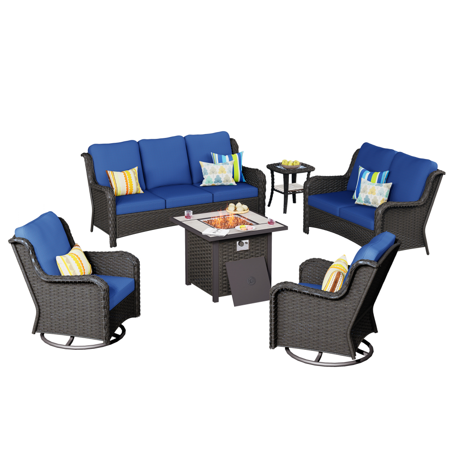 Vcatnet 6 Pieces Outdoor Patio Furniture Sectional Sofa All-weather Conversation Set with Swivel Rocking Chairs and Fire Pit Table for Garden