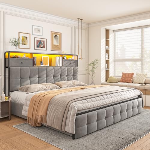 EnHomee King Size Bed Frame with 4 Storage Drawers King Bed Frame with Headboard Built in Charging Station and LED Lights, No Noise