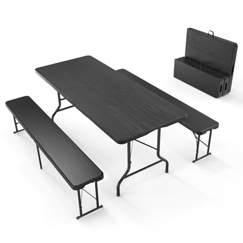 VINGLI Picnic Table Set with 2 Benches, 6 Feet Camping Table Chair Set,3-Piece Folding Furniture for Indoor or Outdoor Use, Smooth Tabletop, White