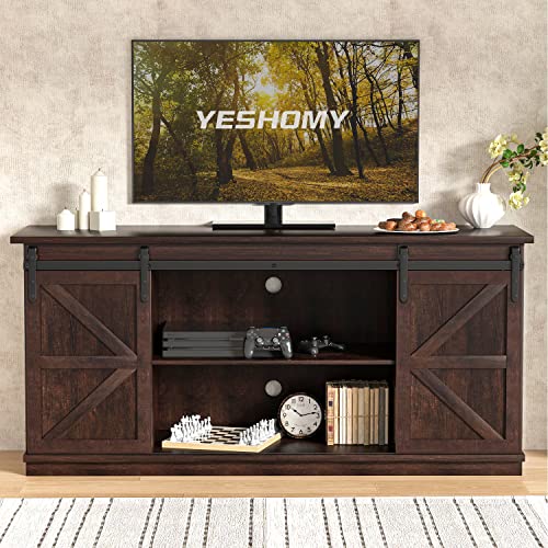 YESHOMY Farmhouse TV Stand for Televisions up to 65 Inches, Sliding Barn Doors and Storage Cabinets
