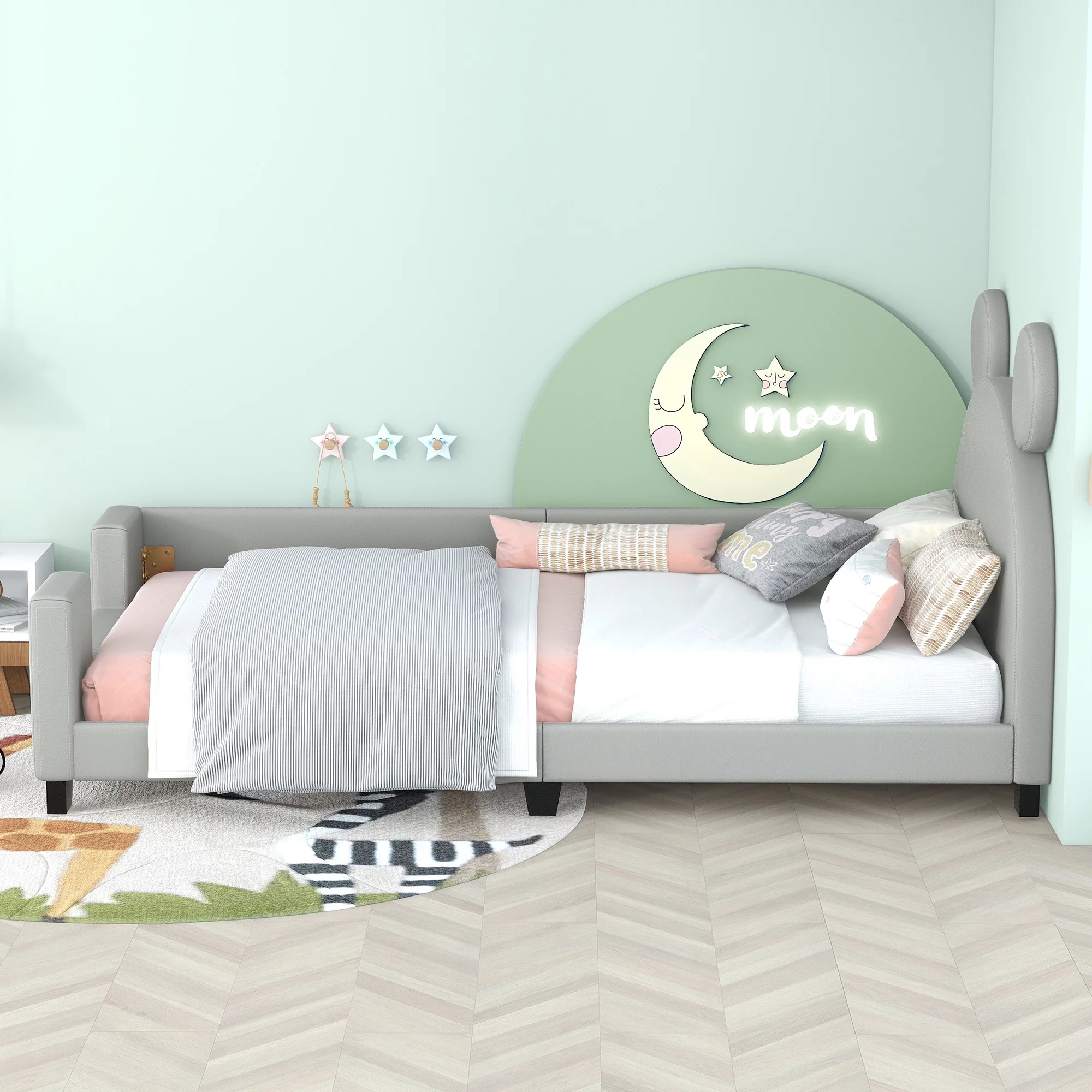 Twin Size Kids Daybed Upholstered Twin Bed with Carton Ears Shaped Headboard, Wooden Cute Twin Platform Bed Frame for Girls Boys Toddlers