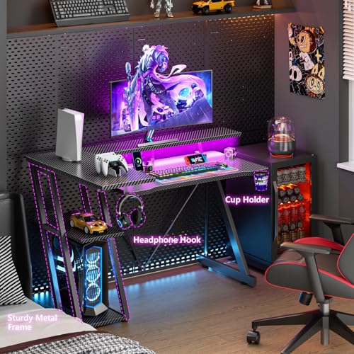 55 Inch Gaming Desk with Power Outlet & LED Lights, L Shaped Gamer Computer Table with Storage Shelves for Bedroom, Corner Home Office Desk