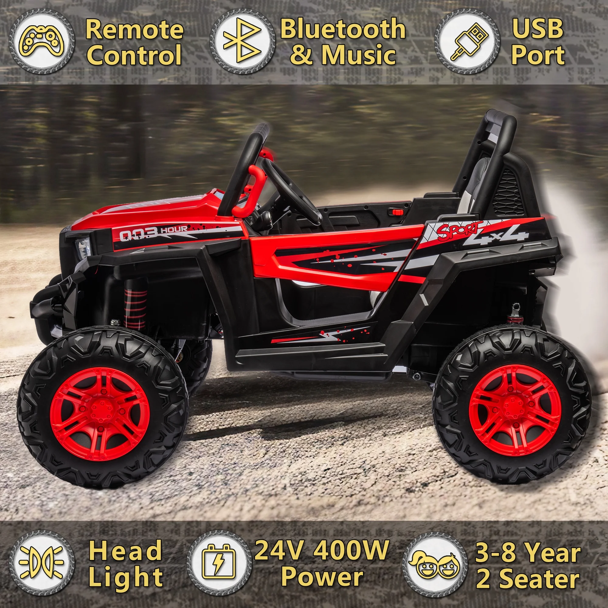 24V 2 Seater Ride on Car for Kids, 4 Wheel Drive Truck with Leather Seat and Remote Control, 24V Battery Powered Off-Road UTV Toy with LED Lights