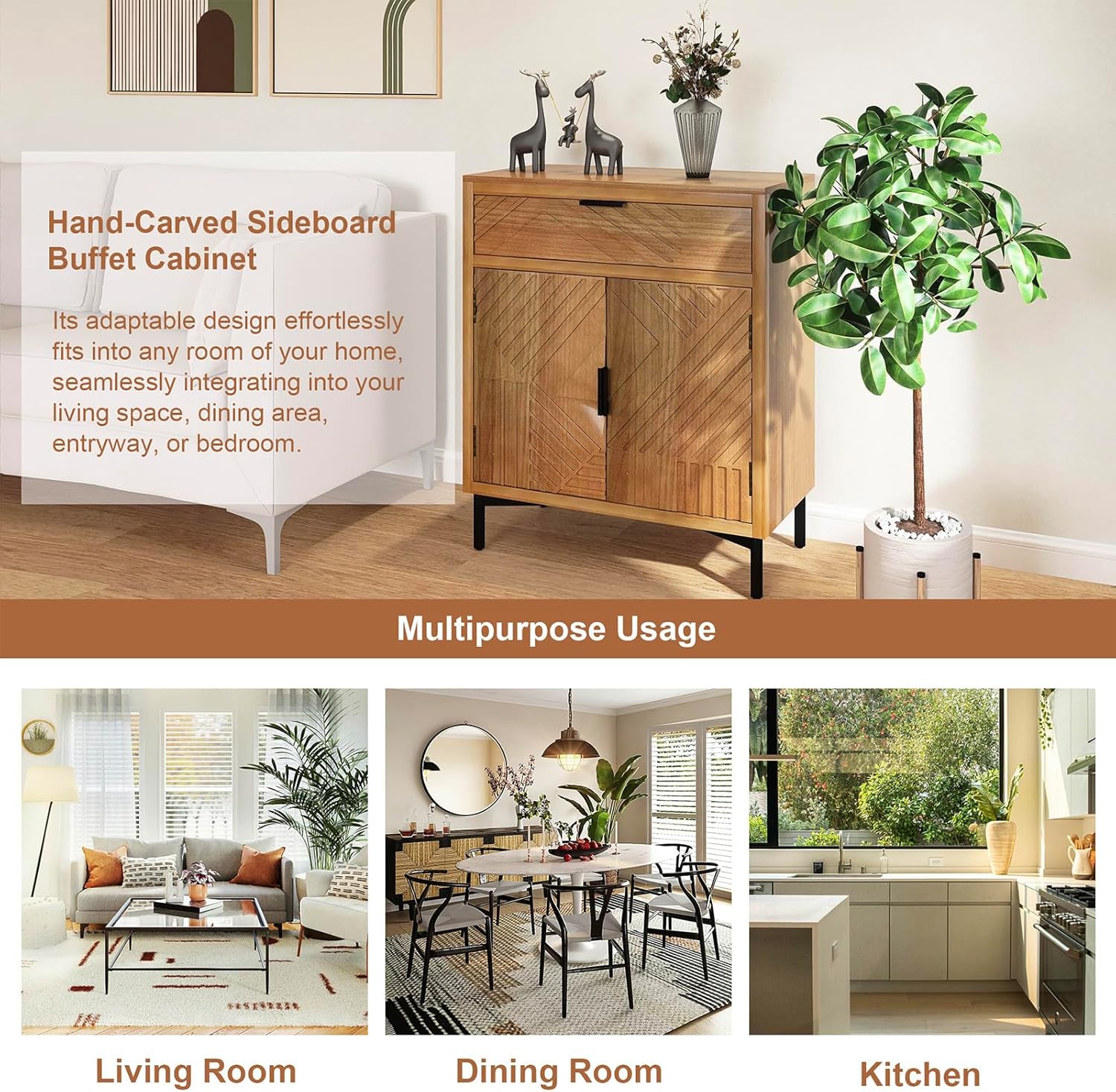 Hand-Carved Sideboard Buffet Cabinet, Storage Cabinet with 1 Drawer and 2-Doors, MDF Buffet Cabinet with Storage