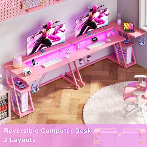 55 Inch Gaming Desk with Power Outlet & LED Lights, L Shaped Gamer Computer Table with Storage Shelves for Bedroom, Corner Home Office Desk