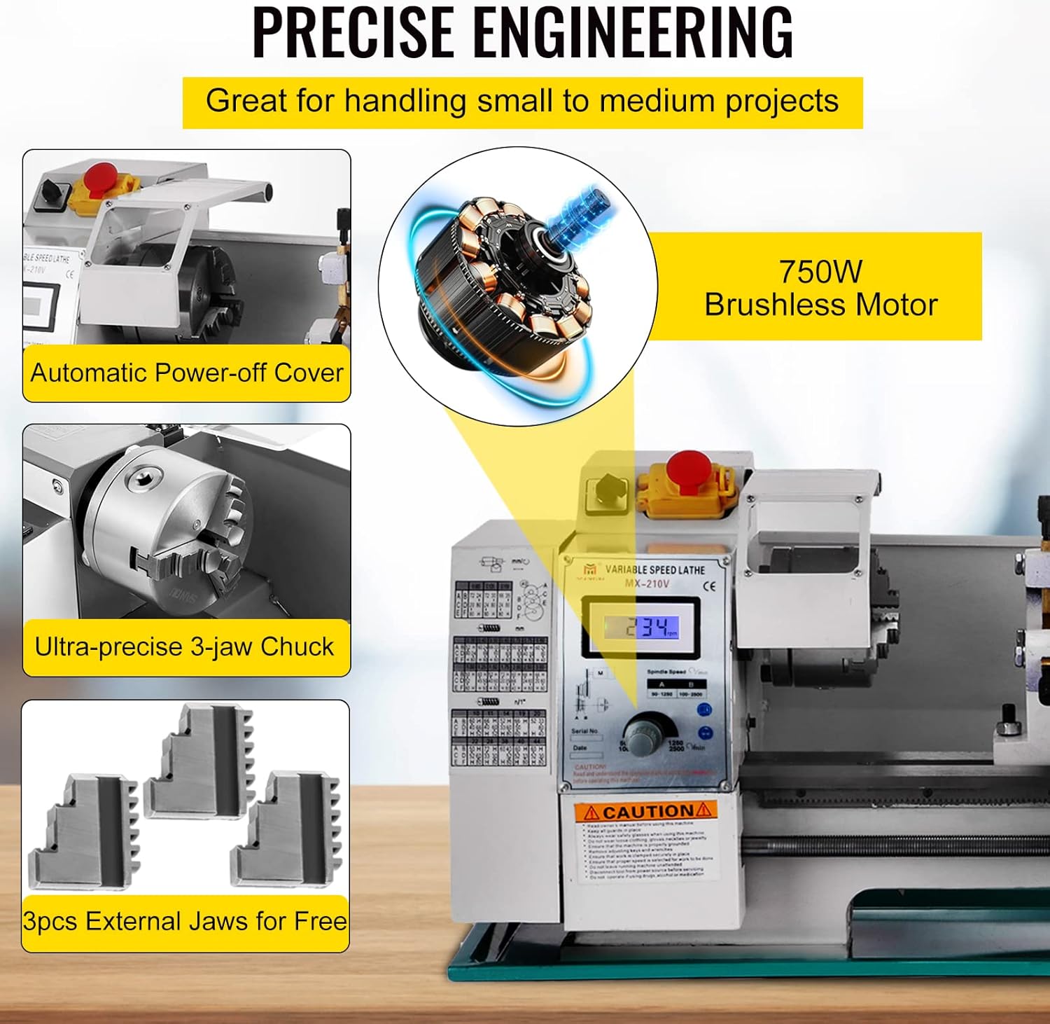 BestEquip Metal Lathe 8x16", Maintenance Free Brushless Motor Precision Mini Metal Lathe, Variable Spindle Speed Lathe Machine 50-2500 RPM 750 W