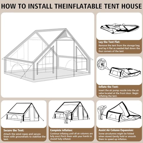 Inflatable Camping Tent with Pump, Upgraded Waterproof Windproof Glamping Blow Up Tent, Easy Setup 4 Season Air Cabin House with Mesh Windows & Door