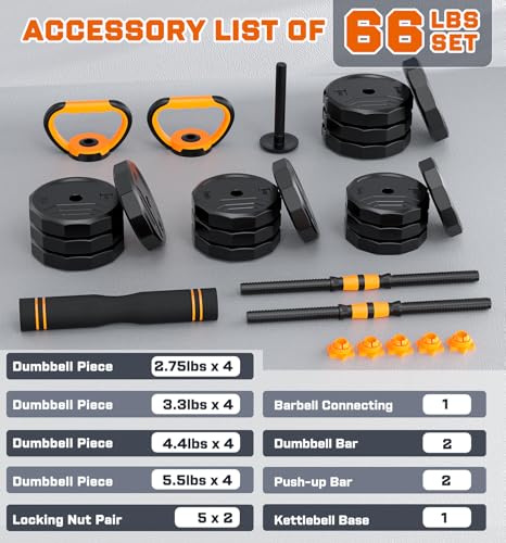5-in-1 Adjustable Dumbbell Set, 33/44/66/88lbs Free Weights Set with Connector, Used as Kettlebells, Barbell, Push up Stand, Standard 1" Plates