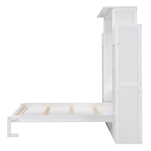 Harper & Bright Designs Queen Size Murphy Bed Wall Bed with Storage Shelves and LED Lights, Space-Saving for Multipurpose Guest Room or Home Office