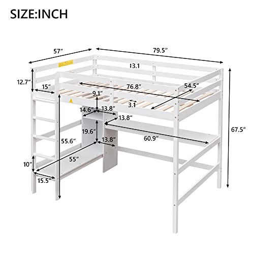 Full Size Loft Bed with Wardrobe and Desk,Wooden Loftbed with Storage Drawers, Shelves,Cabinet for Bedroom,White