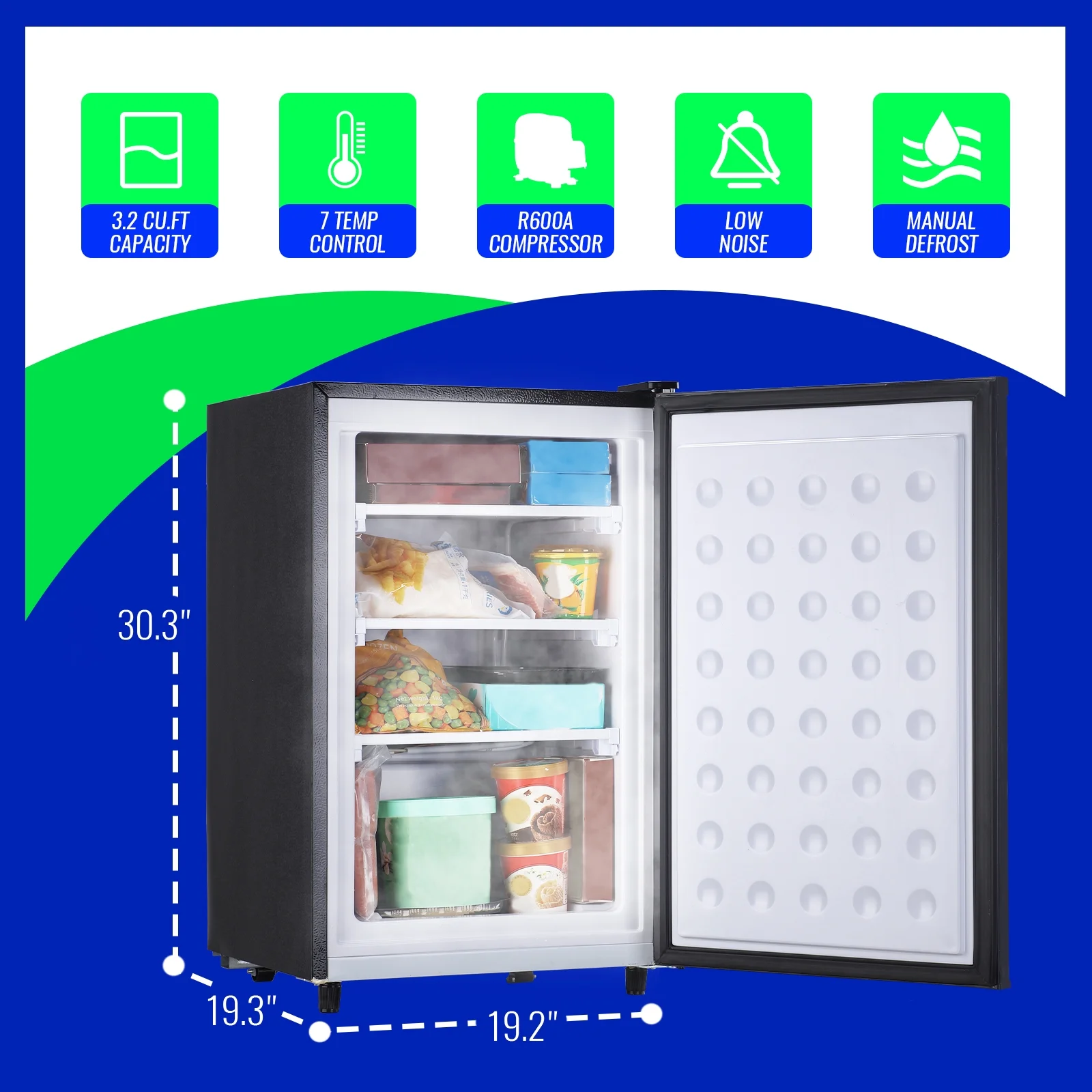 DEMULLER Single Door Compact Freezer with 7 Adjustable Temp Control, Black 3.2 Cu.ft Upright Freezer