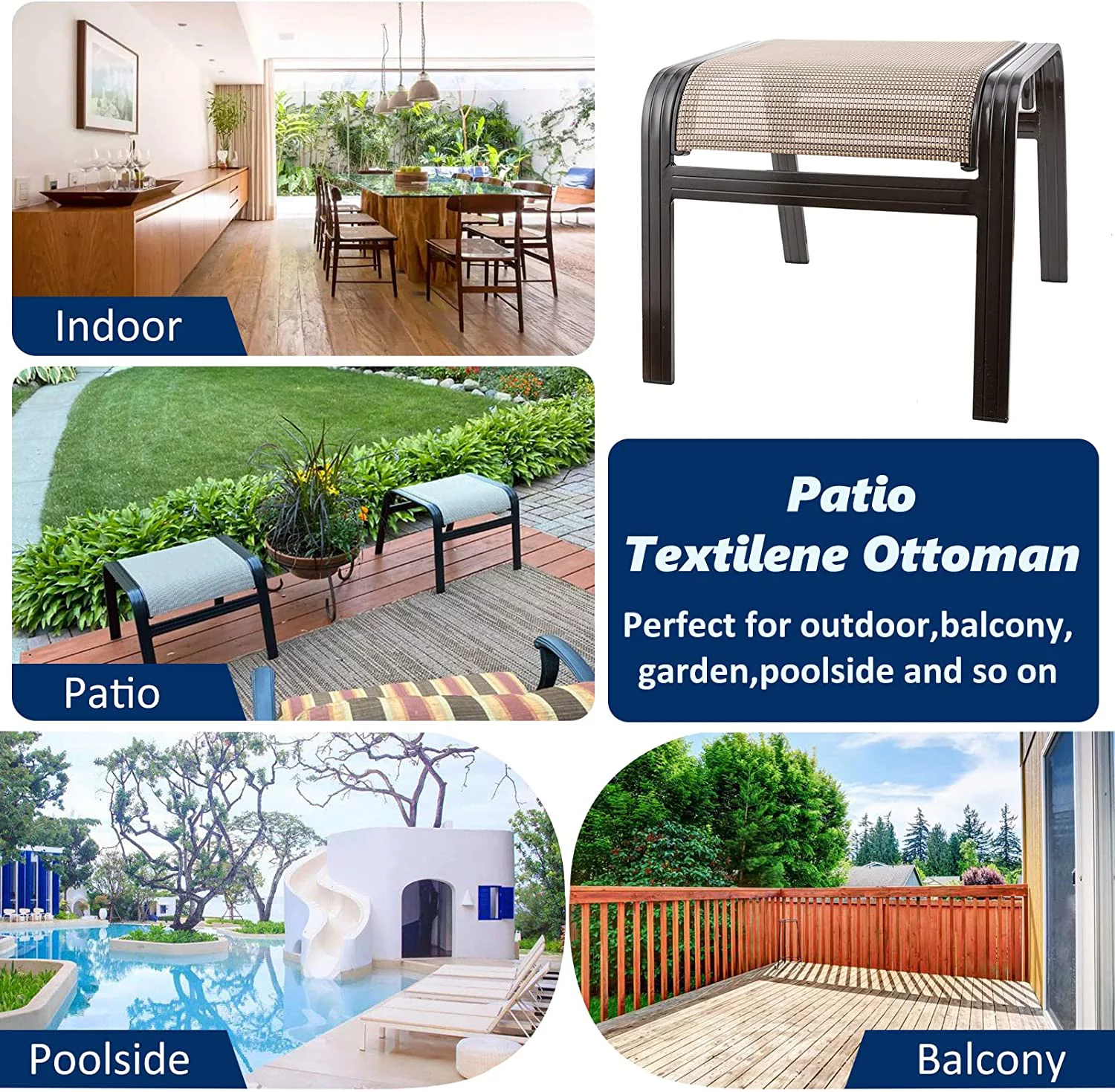 Outdoor Patio Ottoman Seat Textilene Portable Metal Footstool Portable Footrest Patio Chairs 2 Set Beige