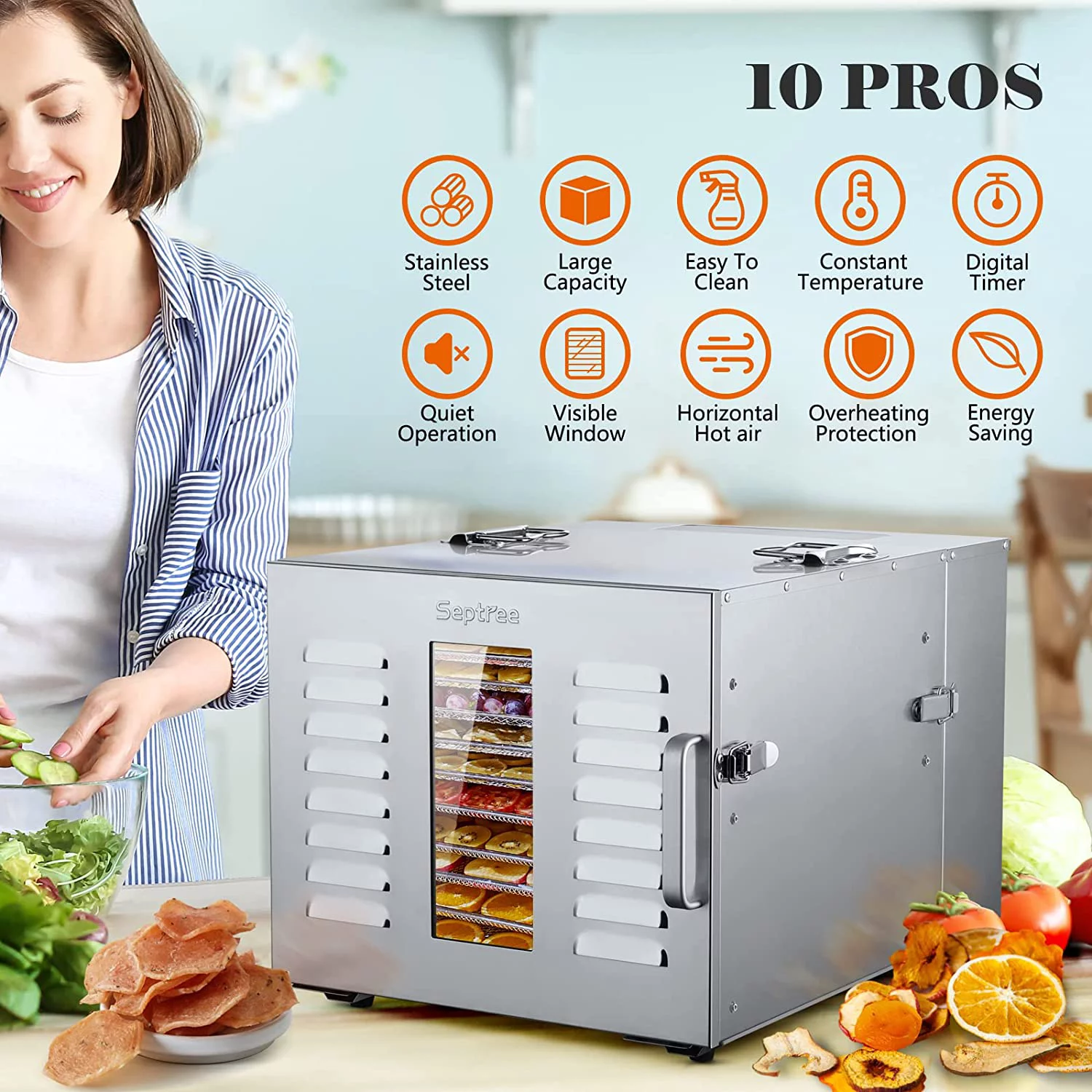 durable Septree Food Dehydrator for Jerky  Meat  Fruit  Beef  Herbs  and Pet Food  10 Trays Stainless Steel Commercial Dryer Machine  1000W