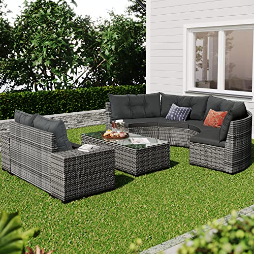 P PURLOVE 8 Piece Half Moon Sectional Round Patio Furniture Set, Outdoor Sectional Sofa Couch