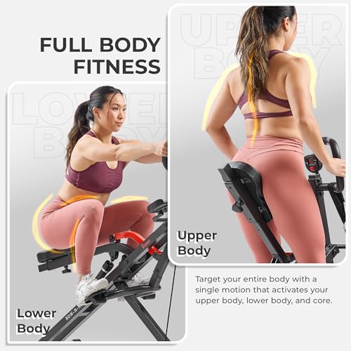 Sunny Health & Fitness Row-N-Ride PRO, Full Body Combo Squat Machine w/Optional Resistance Band, Easy Setup Ab Workout Exercise Equipment for Home