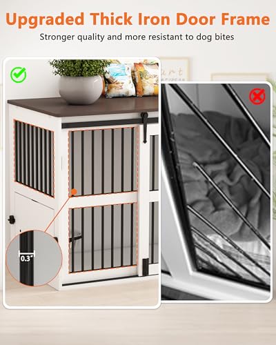 Piskyet 84.5" Double Medium Dog Crate Furniture,Heavy Duty Farmhouse Style Tv Stand Dog Kennel with Drawer and Cabinet