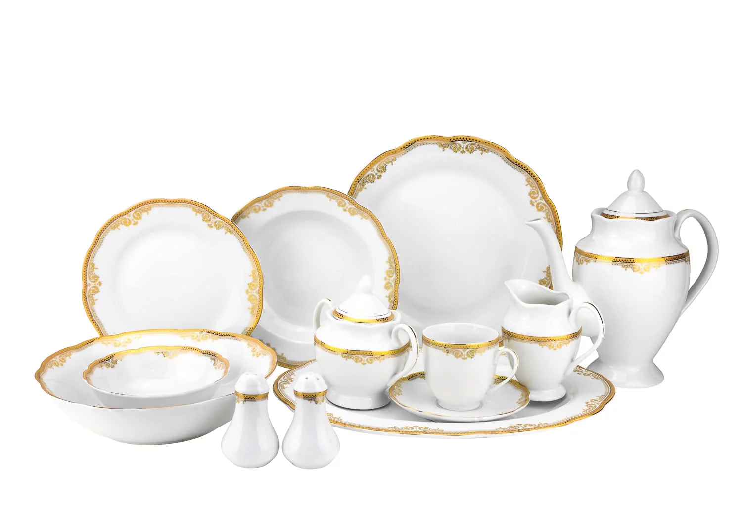 Euro Porcelain 57 piece Banquet Dinnerware Set with Scalloped Edges - Luxury Tableware Dining Service for 8 - Radiant Selections