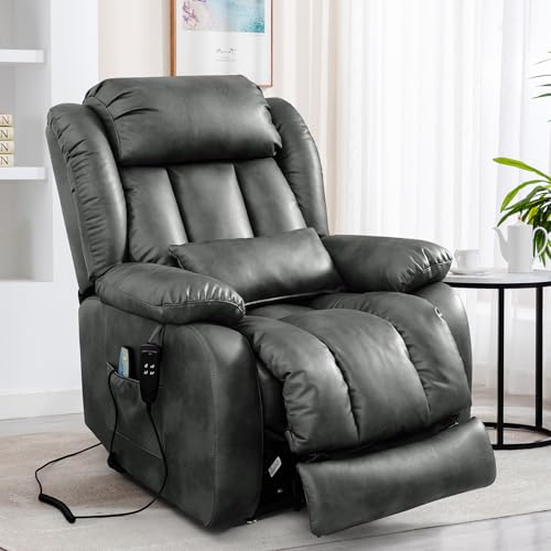 EDILLY Large Genuine Leather Power Lift Recliner Chairs for Elderly, Dual Motor with Massage and Heating,Double Lumbar Cushion and Extended Footrest