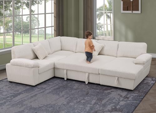 L-Shaped Pull Out Sleep Sofabed,Modern Reversible Sleeper Sectional Sofa Chenille Upholstered Button Tufted Decor with Storage Chaise