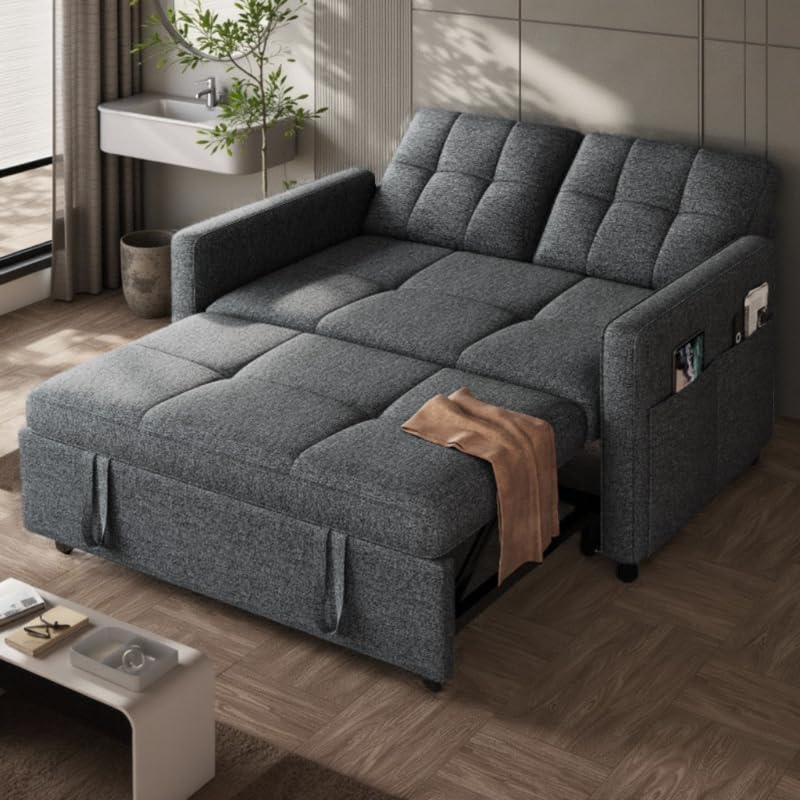 DWVO 55" Convertible Sofa Bed, 3-in-1 Sleeper Sofa with Pull-Out Bed, Linen Futon Couch with Adjustable Backrest and Side Pocket