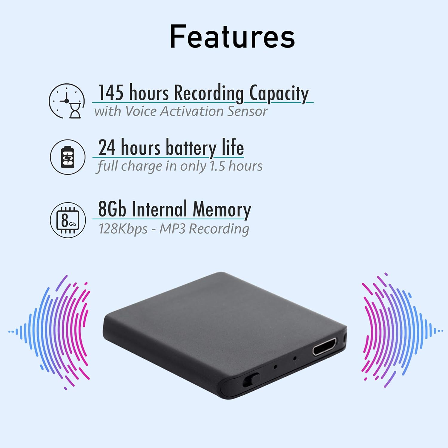 TileRec - Slimmest Voice Activated Recorder with 145 Hours Recording Capacity, MP3 Records, 24 Hours Battery Time