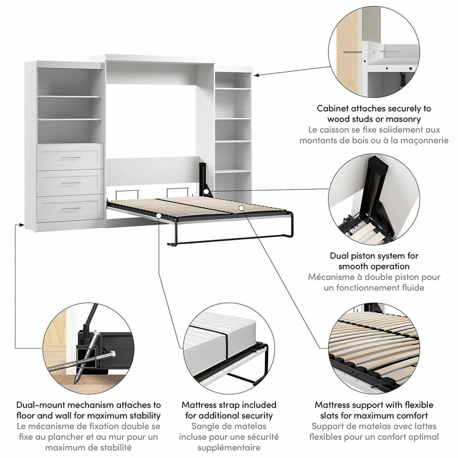 Pemberly Row Transitional Wood Queen Wall Bed w/ Storage in White