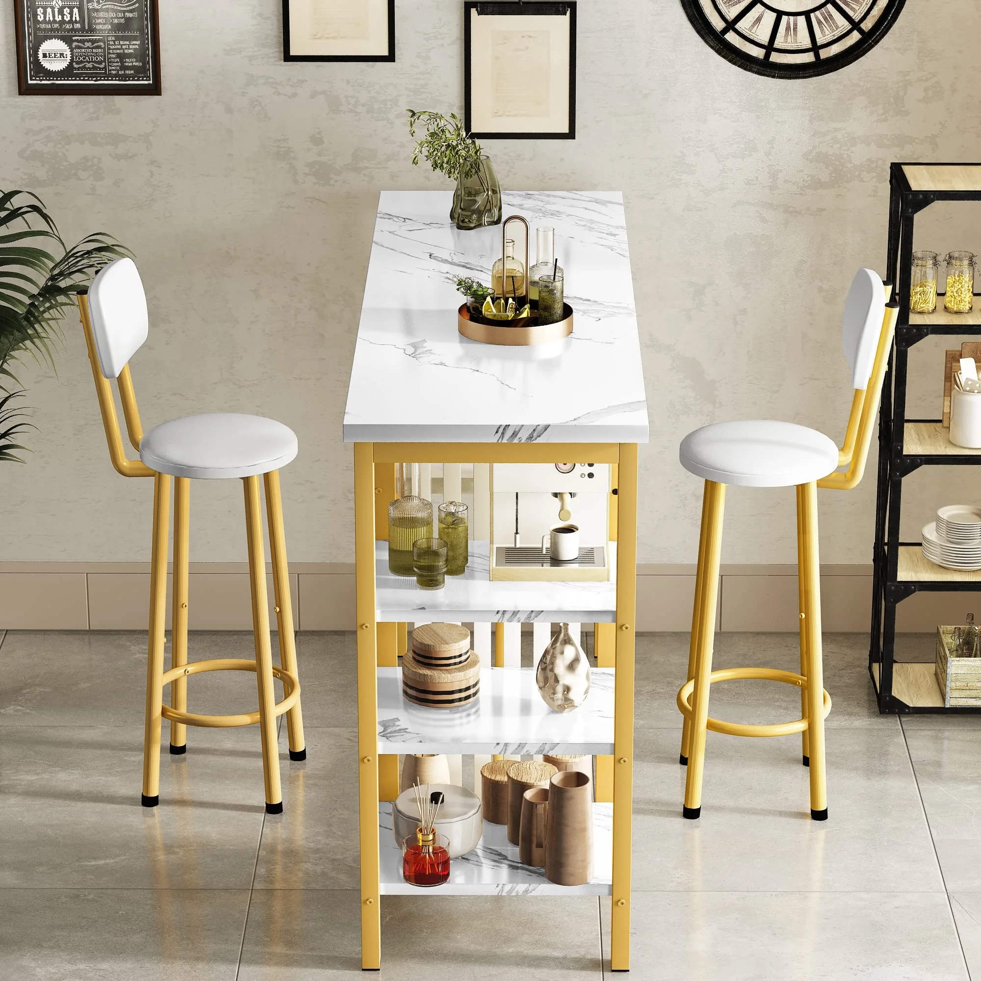 AWQM Bar Table Set, Modern Kitchen Table Set, Bar Counter Height Table Set with 2 PU Upholstered Stools, Dining Table Set with 4 Storage Shelves