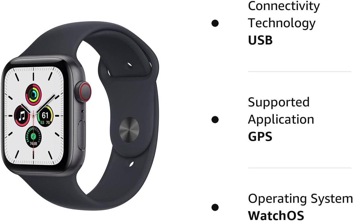 Apple Watch SE (GPS + Cellular, 44mm) Space Gray Aluminum Case with Midnight Sport Band (Renewed)