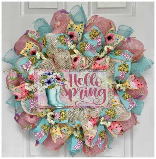 Hello Spring Floral Rain boots Pastel Wreath Handmade Deco Mesh Available in 24 inch and 28 inch diameters