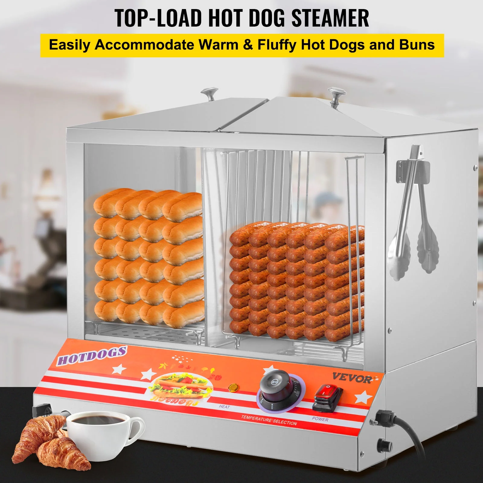 BENTISM Hot Dog Warmer,Top Load Hut Steamer for 100 Hot Dogs&48 Buns,Stainless Steel food warmer with Bun Warmer