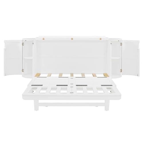Queen Size Farmhouse Murphy Bed Cabinet with Charging Station, Foldable Platform Bed Frame with 2 Storage Drawers