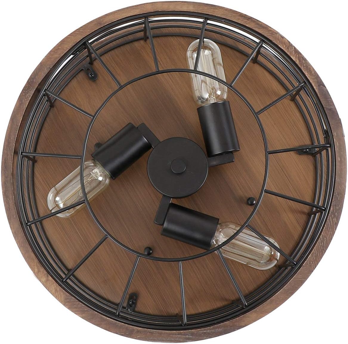 Anmytek Ceiling Light Fixture Rustic Chandelier Flush Mount Ceiling Light Excellent Metal Wood Frame Cage Industrial Pendant Lighting Brown Finishing
