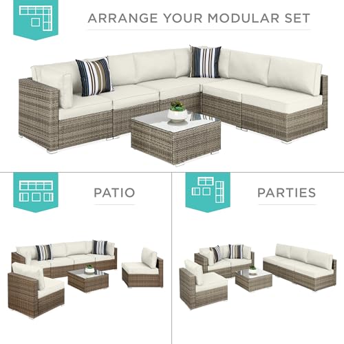 Best Choice Products 7-Piece Modular Outdoor Sectional Wicker Patio Conversation Set w/ 2 Pillows, Coffee Table, Cover Included - Gray/Navy