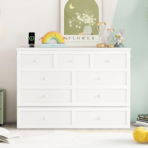 KEIKI Full Size Cabinet Murphy Bed with Charging Station and Drawers, Multiple Storage Foldable Hideaway Wall Murphy Bed Frame with Solid Slats