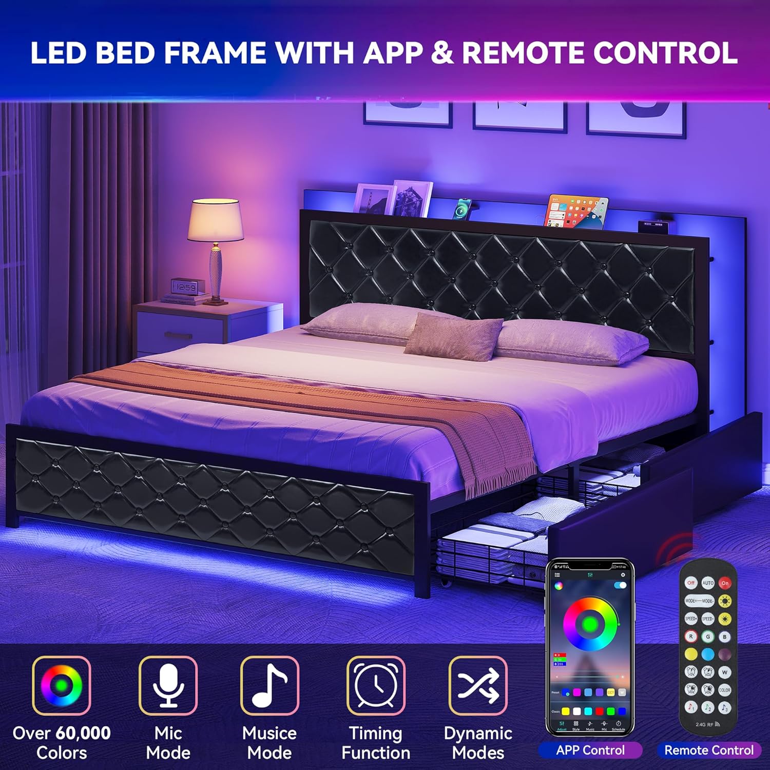YITAHOME Queen Bed Frame with Headboard & 4 Storage Drawers, Modern Upholstered Faux Leather Platform Bed with RGB LED Lights & USB-C Charging Ports