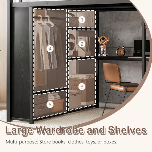 Queen Heavy Duty Metal Loft Bed with L-Shaped Desk, Wardrobe & 5 Storage Shelves – Space-Saving Design for Kids, Teens, Adults – CPC Certified