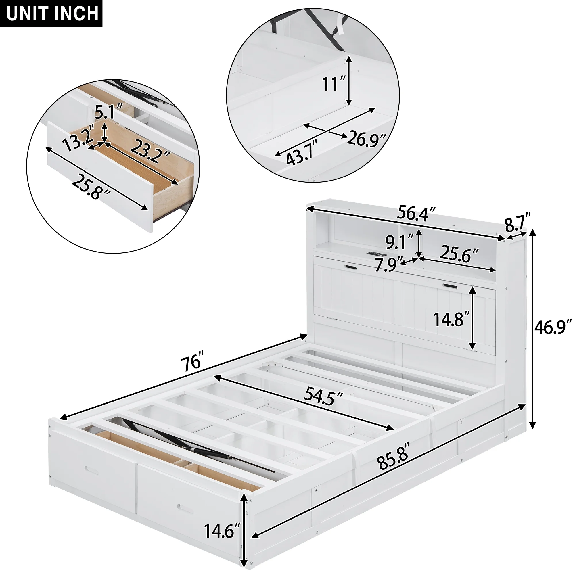 Churanty Full Size Platform Bed with Storage Shelves Headboard, Hydraulic Cabinets and 2 Drawers Underneath