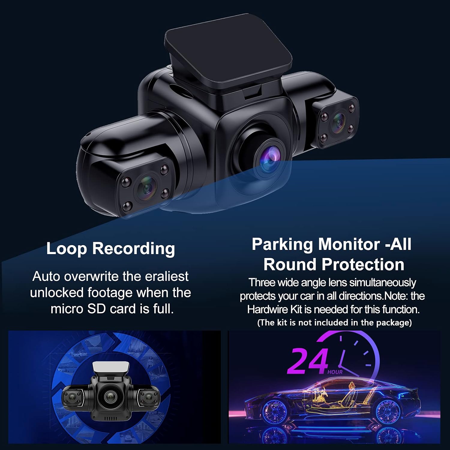 Dual Dash Cam 1080P Dashboard Camera Front and Rear 3 Way Cam HD Angle Lens Recording Control IR Night Vision 24hr Motion Detection G-Sensor Mobile