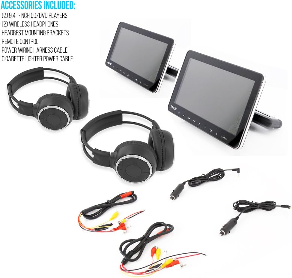 Pyle Universal Car Dual Headrest Monitor - 9.4 Inch Vehicle Multimedia CD DVD Player with Wireless Headphones - Audio Video Entertainment w/HDMI