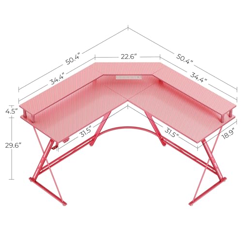 SEVEN WARRIOR Gaming Desk 50.4” with LED Light & Power Outlets, L-Shaped Gaming Desk Carbon Fiber Surface with Monitor Stand