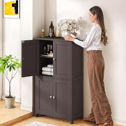 Nuturelly Freestanding Pantry Cabinets, Kitchen Floor Storage Cabinet with 4 Doors & 3 Adjustable Heights