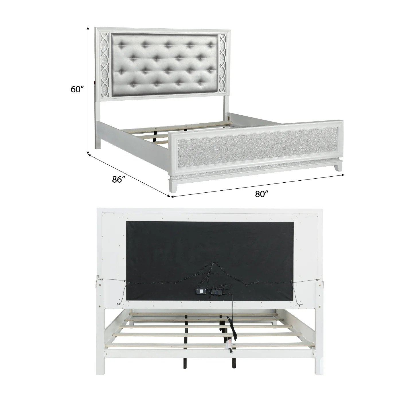 Roundhill Furniture Galaxy 5-Piece Bedroom Set with LED Lights, Tufted Bed, Dresser, Mirror, and 2 Nightstands in Pearlized White, King