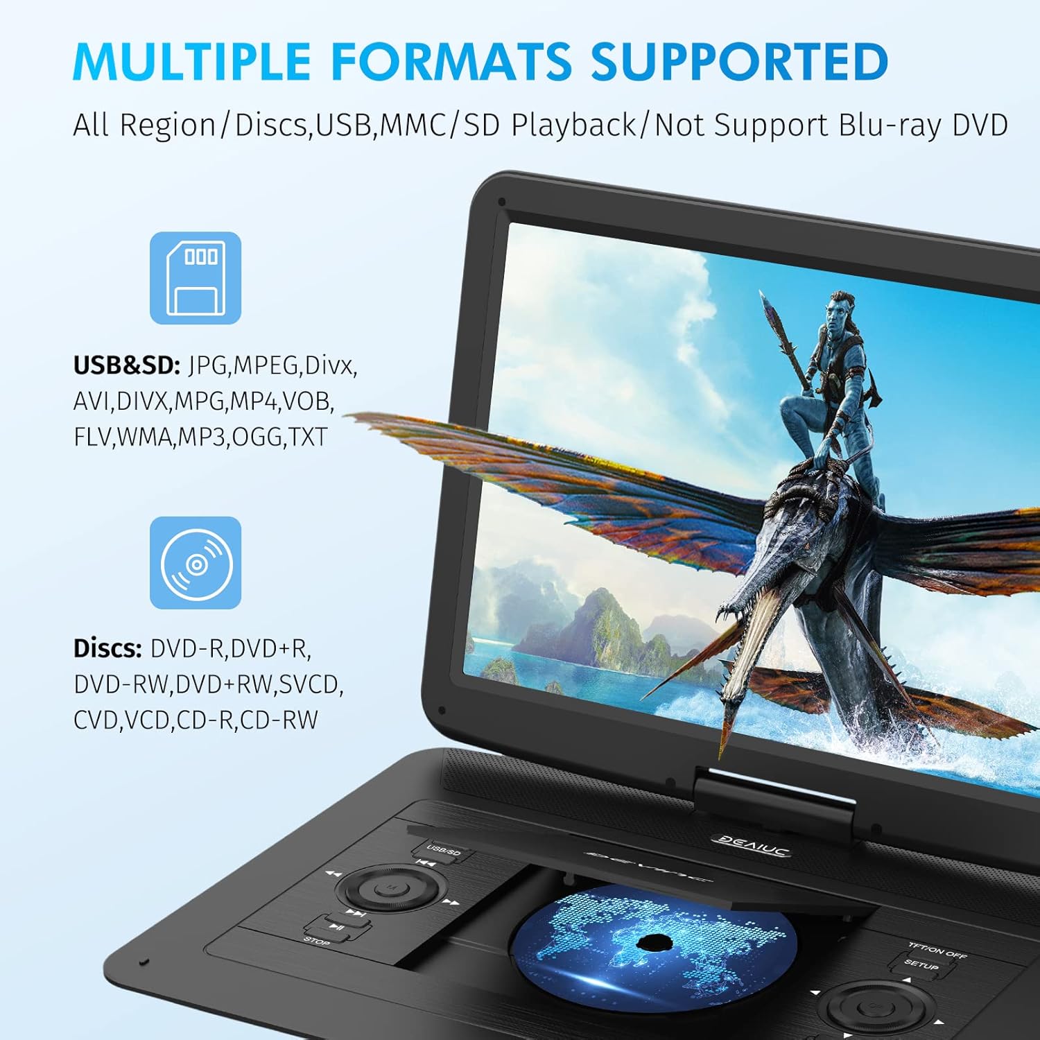 17.9" Portable DVD Player with 15.6" HD Swivel Screen, Support Multiple DVD CD Formats/USB/SD Card/Sync TV, 6 Hours Rechargeable Battery, Car Charger