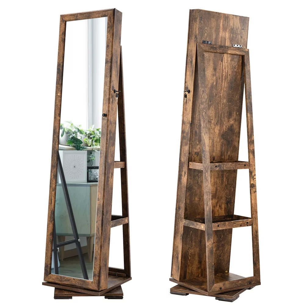 Woven Paths 360 Spinning Lockable Jewelry Armoire with Free-Standing Mirror, Brown