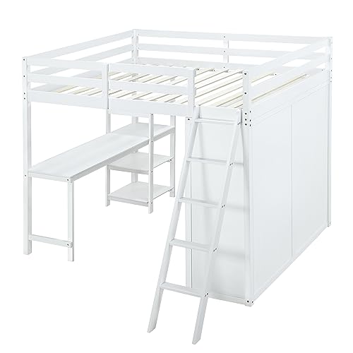 Harper & Bright Designs Full Size Loft Bed with Wardrobe and Desk, Solid Wood Loft Bed Frame with Storage, for Kids Teens Adults (Full Size, White)