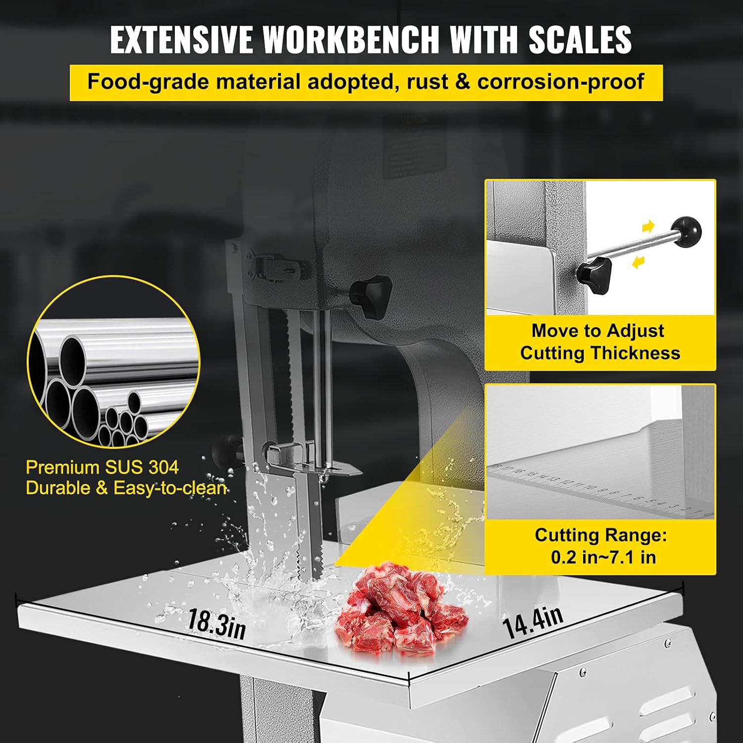 VEVOR 110V Bone Saw Machine 850W Frozen Meat Cutter 1.16HP Butcher Bandsaw Thickness Range 4-180mm Max Cutting Height 220mm Work Table 18.3x14.4inch