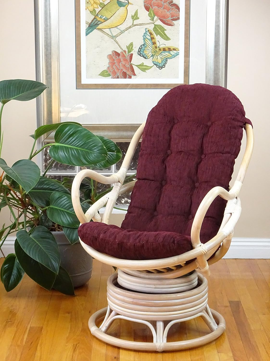 Lounge Swivel Rocking Java Chair Natural Rattan Wicker with Dark Brown Cushion, Cream
