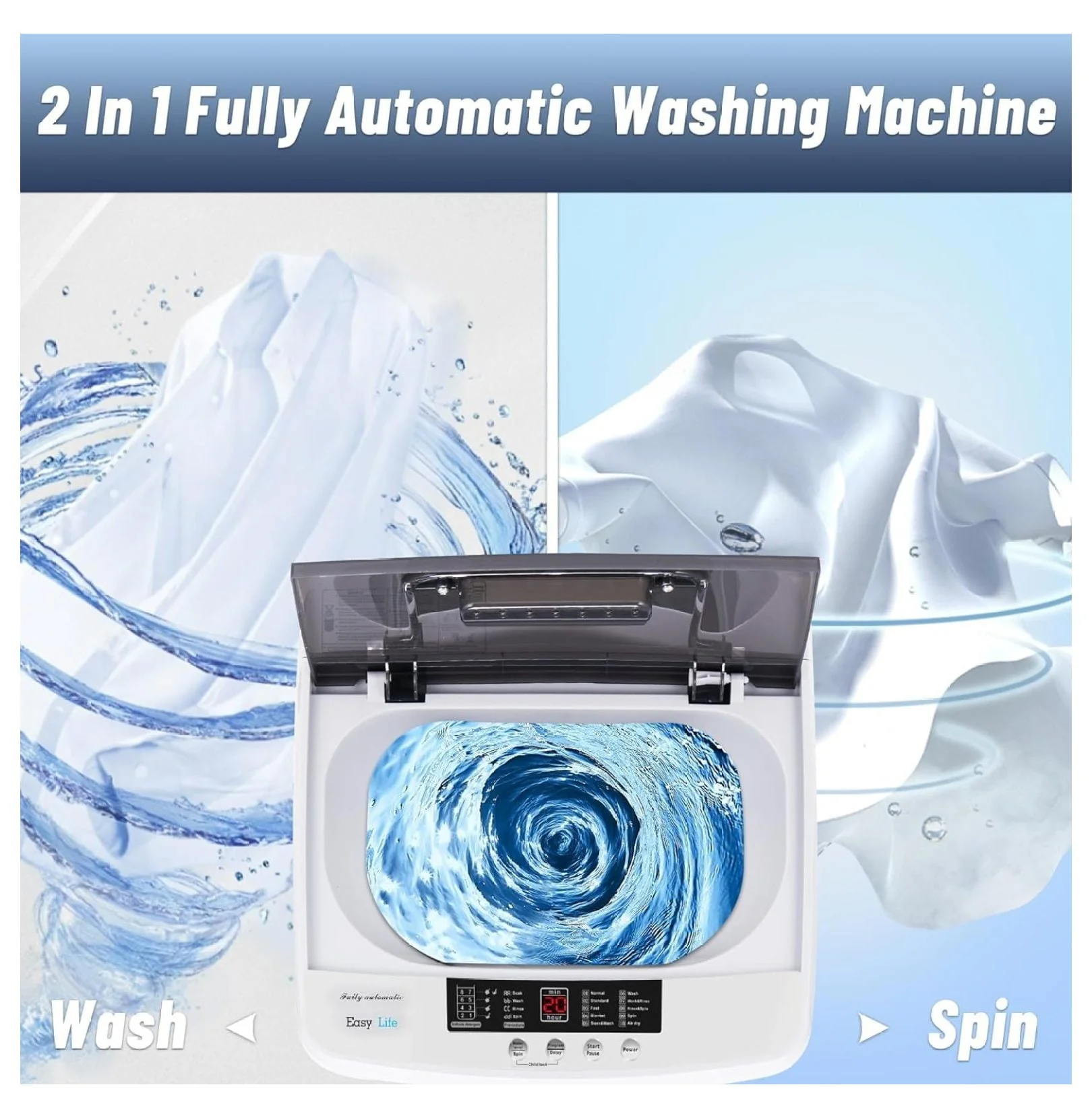 1.34 Cu.Ft Full Automatic Washer and Dryer Combo with Drain Pump, Portable Washing Machine, 10 Wash Program, LED Display