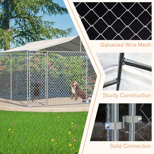 Large Outdoor Dog Kennel, Heavy Duty Galvanized Steel Dog Enclosure, Chicken Coop with Waterproof UV-Resistant Cover